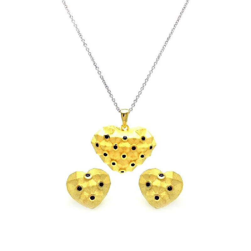 Ladies earrings fine studs -Clearance-Silver 925 Gold Plated Black Polka Dot Heart CZ Stud Earring and Necklace Set - STS00379