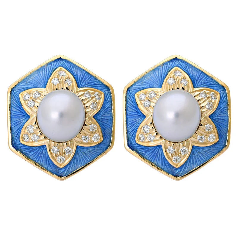 Ladies earrings for vow moments -Earrings-South Sea Pearl and Diamond (Enamel)