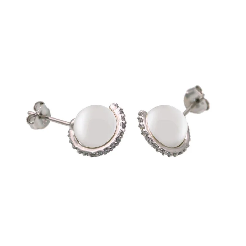 Ladies earrings quirky studs -Rhodium Plated 925 Sterling Silver CZ Wrapped Synthetic Mother of Pearl Stud Earring- BGE00653