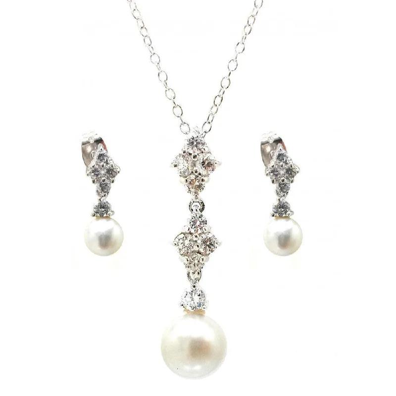 Ladies earrings for tea dates -Silver 925 Rhodium Plated Ornate Pearl Clear CZ Stud Dangling Earring and Dangling Necklace Set - BGS00320