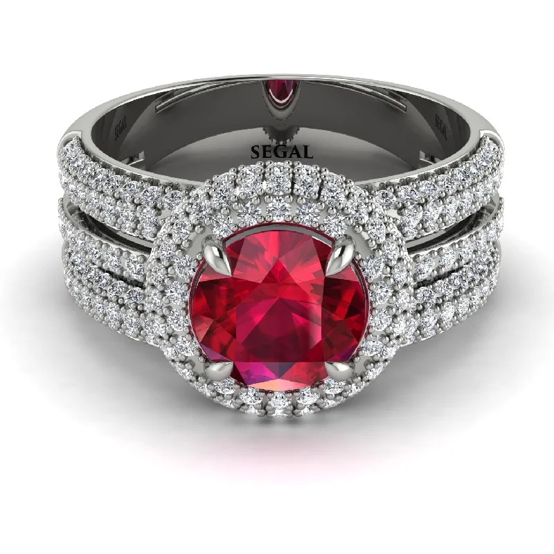 Ladies engagement rings for game-night proposals -Ruby Halo Luxury Pave Engagement Ring - Sierra No. 12