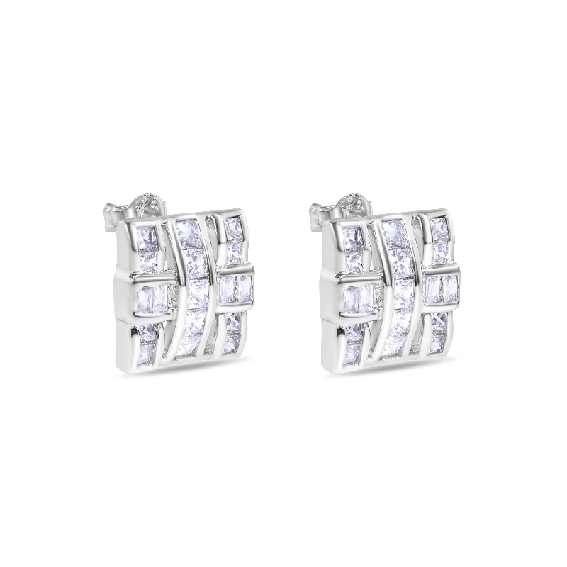 Ladies earrings for dinner vibes -Final Price-Rhodium Plated 925 Sterling Silver Square Cross Design Clear CZ Stud Earring - STEM124