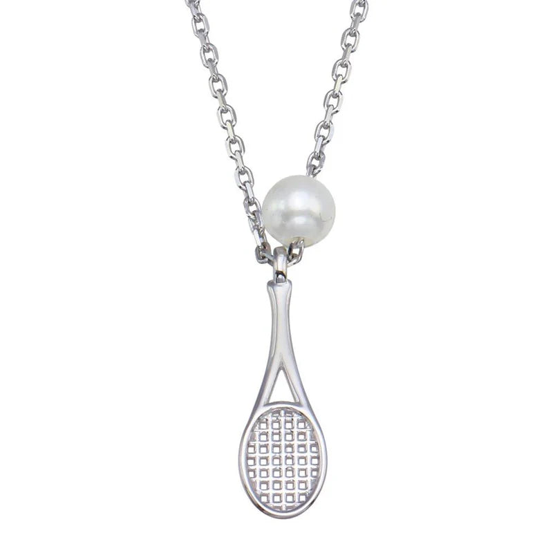 ladies-diamond-layered-necklaces-Silver 925 Rhodium Plated 925 Sterling Silver Synthetic Mother of Pearl Tennis Racket Necklace