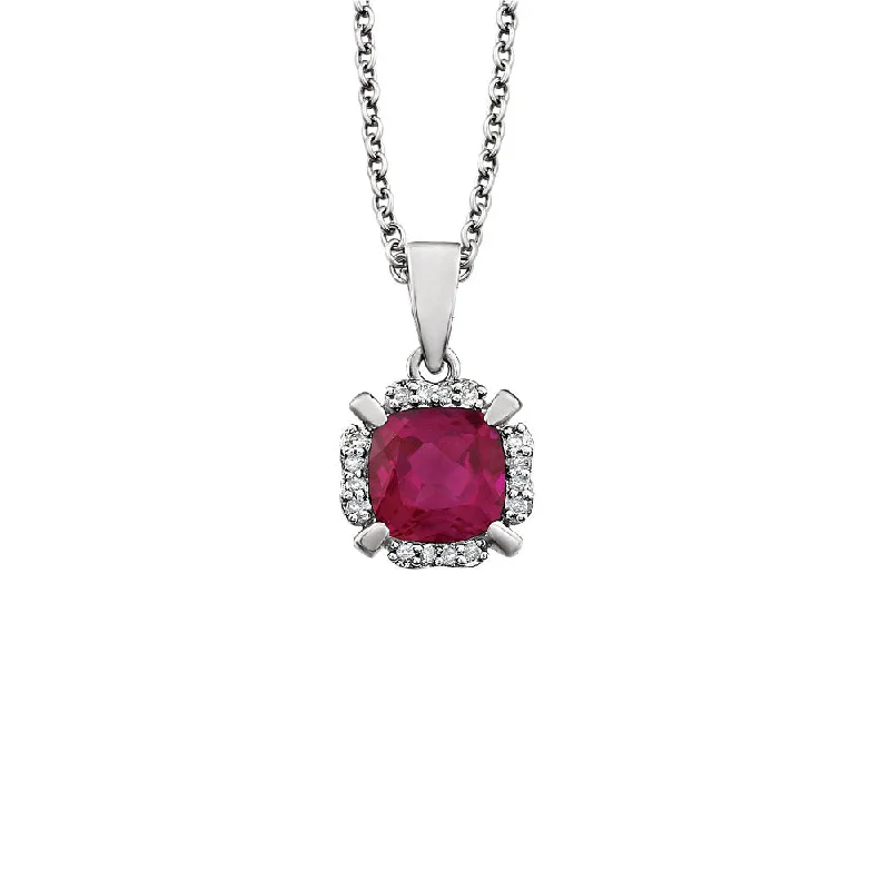 ladies-silver-pendant-necklaces-Cushion Created Ruby & Diamond Necklace in 14k White Gold, 18 Inch