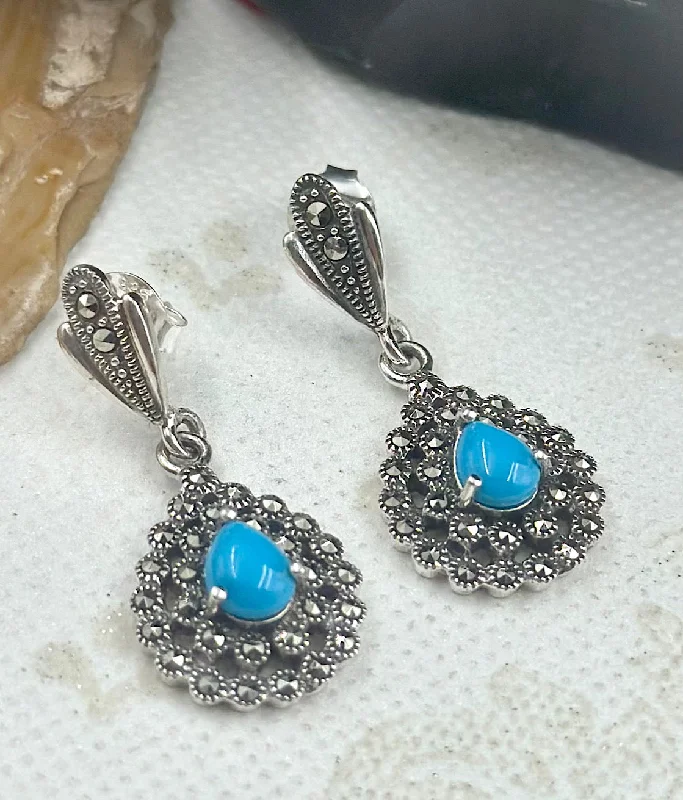 Ladies earrings for vloggers -The Silver Marcasite Earrings (Turquoise)