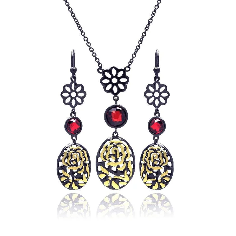 Ladies earrings for bridal events -Clearance-Silver 925 Black Rhodium Gold Plated Flower Filigree Red CZ Stud Earring and Necklace Set - STS00396