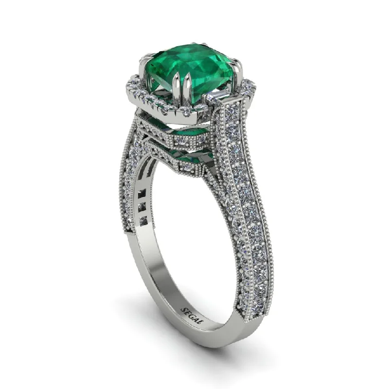 Ladies engagement rings for roamer unions -Emerald Three Halo Milgrain Engagement Ring - Mira No. 6