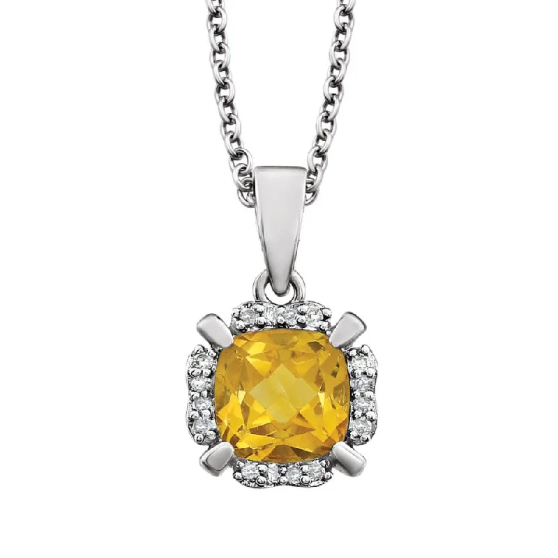 ladies-charm-gold-necklaces-Cushion Citrine & Diamond Necklace in 14k White Gold, 18 Inch