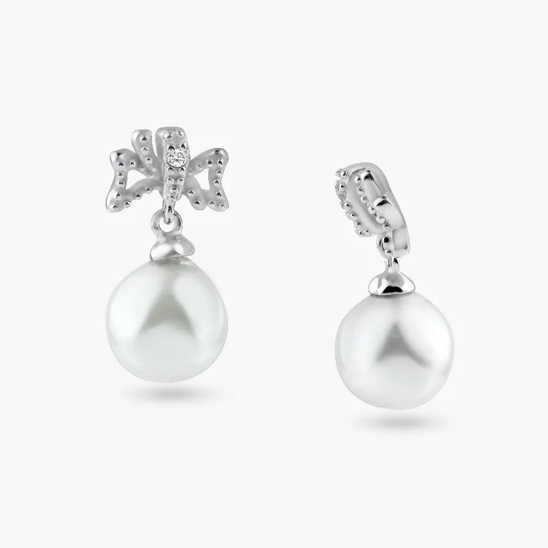 Ladies earrings with lace agate -Silver 925 Rhodium Plated Ribbon CZ Hanging Pearl Stud Earrings - BGE00421