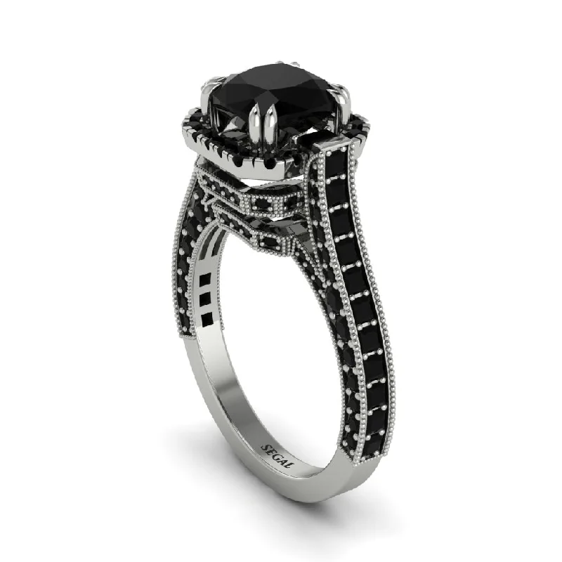 Ladies engagement rings for stacked looks -Black Diamond Three Halo Milgrain Engagement Ring - Mira No. 39