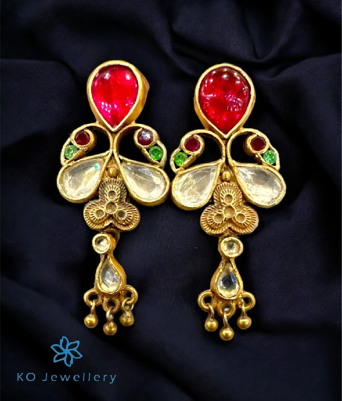 Ladies earrings with gray apatite -The Aaria Peacock Silver Kundan Earrings