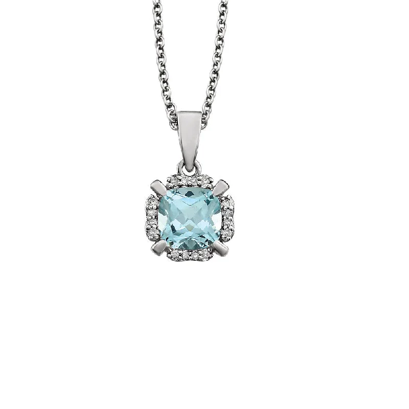 ladies-artisan-diamond-necklaces-Cushion Sky Blue Topaz & Diamond Necklace in 14k White Gold, 18 Inch