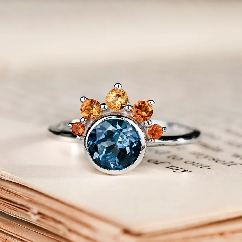 Ladies engagement rings for dreamer couples -The Cosset - London Blue Topaz Engagement Ring with Citrine Crown Accent & Bezel Setting