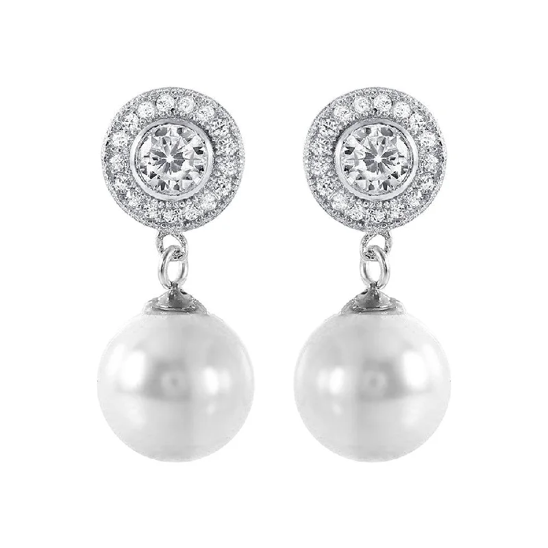 Ladies earrings for prom vibes -Silver 925 Rhodium Plated Pearl CZ Cluster Earrings - STE00988