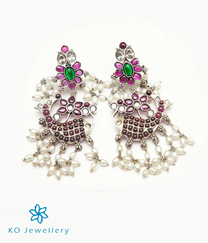 Ladies earrings with pink sapphire -The Varuna Silver Fish Earrings (Oxidised/Rice Pearls)