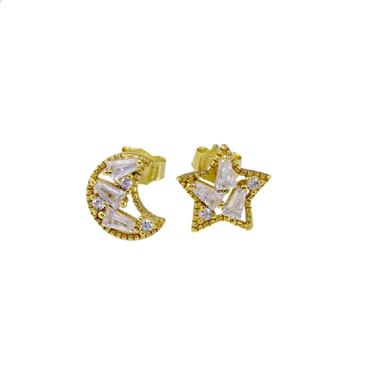 Ladies earrings for trendsetters -Gold Plated 925 Sterling Silver Baguette CZ Star and Moon Stud Earring - STE01271GP