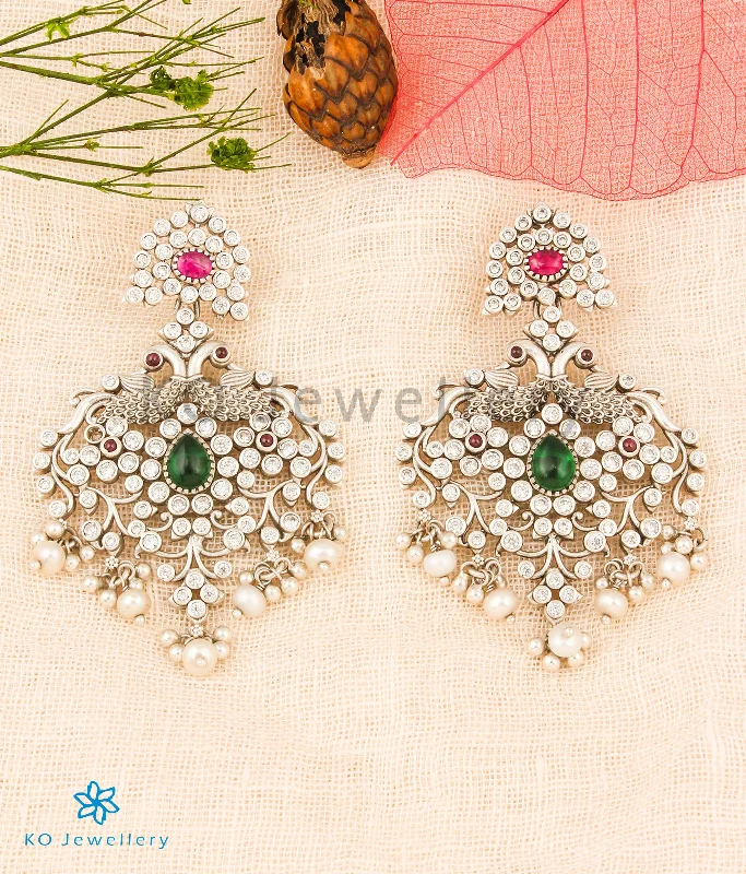 Ladies earrings for spa vibes -The Mayuraka Silver Peacock Earrings (Oxidised)