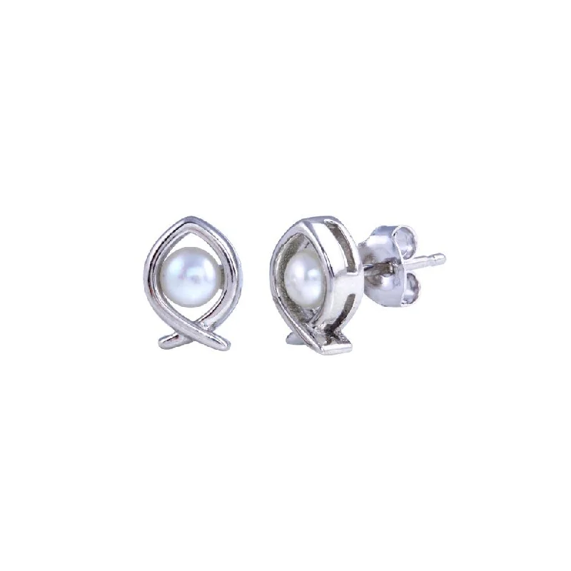 Ladies earrings for leaders -Rhodium Plated 925 Sterling Silver Heart Pearl Fish Earring - BGE00684