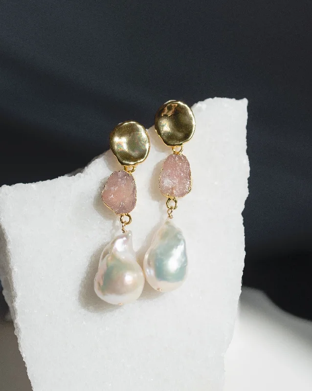 Ladies earrings for trips -October | Rose Quartz Birthstones x Pearls Earrings