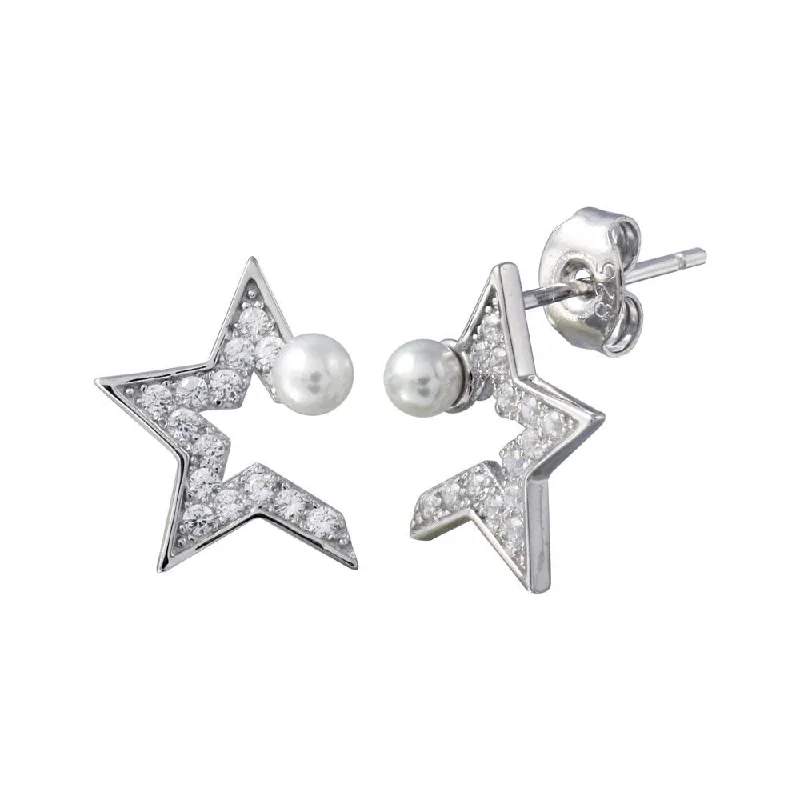 Ladies earrings for creators -Rhodium Plated 925 Sterling Silver CZ Half Star Pearl Stud Earrings - STE01200