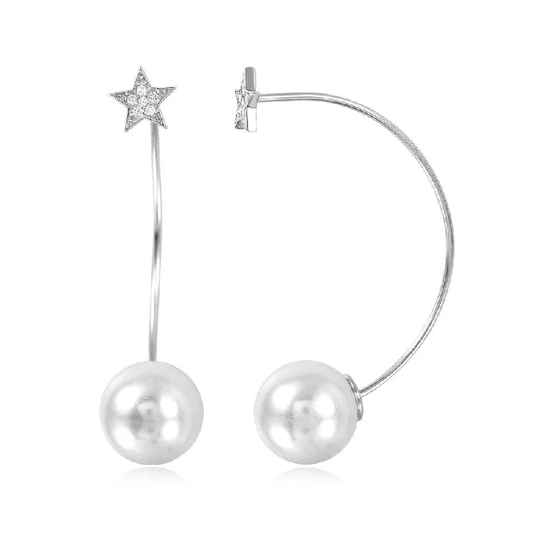 Ladies earrings cool studs -Silver 925 Rhodium Plated Star Earrings with Hanging Synthetic Pearl - STE01050