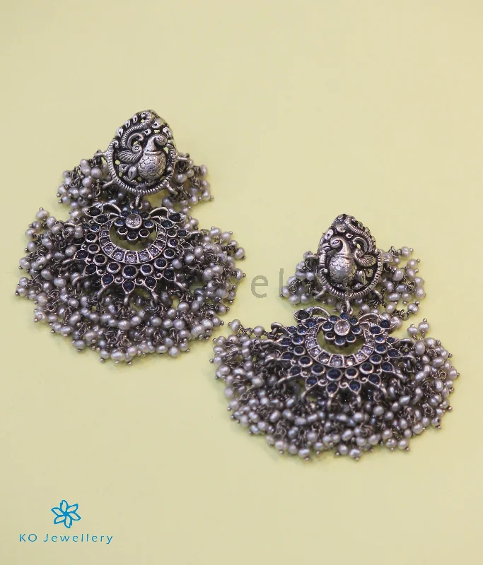 Ladies earrings with locket drops -The Ubhaya Silver Peacock Earrings (Oxidised)