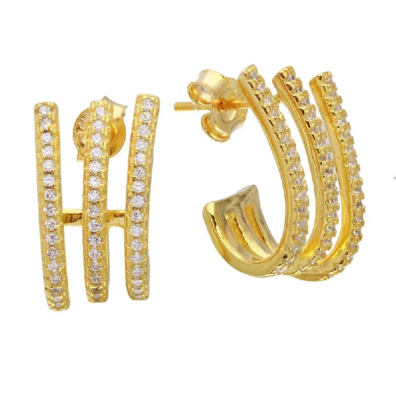 Ladies earrings for conventions -Gold Plated 925 Sterling Silver 3 Row CZ Hugging Earrings - STE01077GP