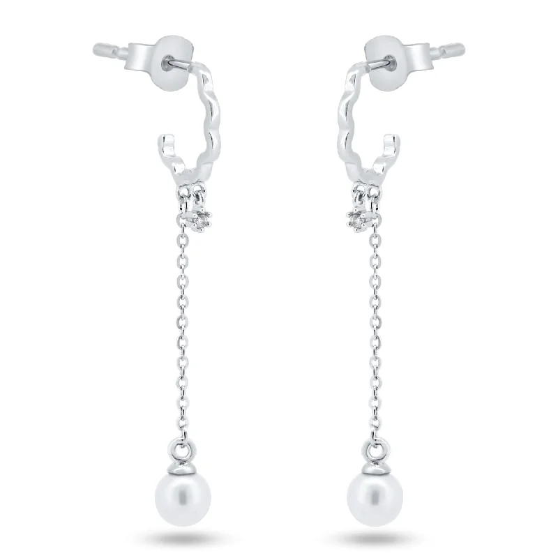 Ladies earrings for craft fairs -Sterling Silver Rhodium Plated Dangling Pearl Semi Hoop CZ Earrings - GME00149