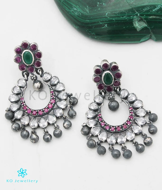 Ladies earrings with glow drops -The Padmavat Silver Chand Bali Earrings (White/Oxidised)