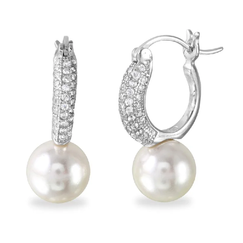 Ladies earrings with tide charms -Rhodium Plated 925 Sterling Silver Dropped Synthetic Pearl huggie hoop Earrings with CZ - BGE00526