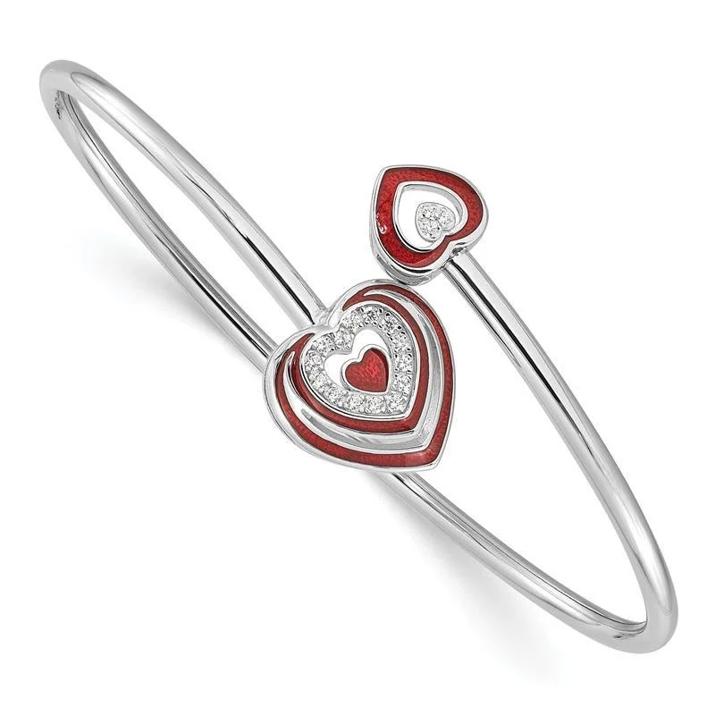 ladies-everyday-gold-bracelets-Sterling Silver Rh-plated CZ Red Enamel Heart Flexible Cuff Bangle Bracelet