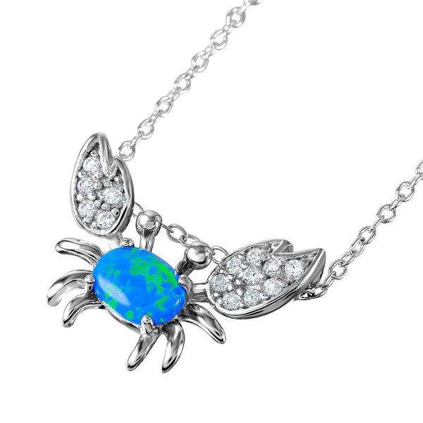 ladies-artisan-heart-necklaces-Silver 925 Rhodium Plated Crab Necklace with CZ and Synthetic Blue Opal