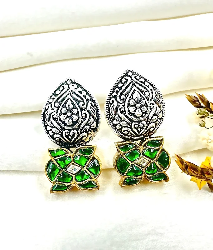 Ladies earrings with blush rhodonite -The Intricate Silver Kundan Earrings (Green)(2 tone)