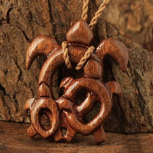 ladies-modern-diamond-necklaces-Koa Wood Baby Mom Honu(Hawaiian Turtle) Necklace