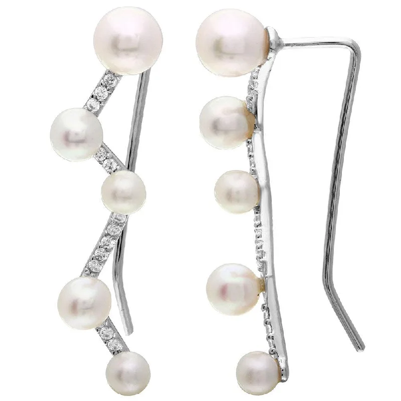 Ladies earrings soft hoops -Silver 925 Rhodium Plated CZ and Fresh Water Pearl Climbing Earrings - GME00070