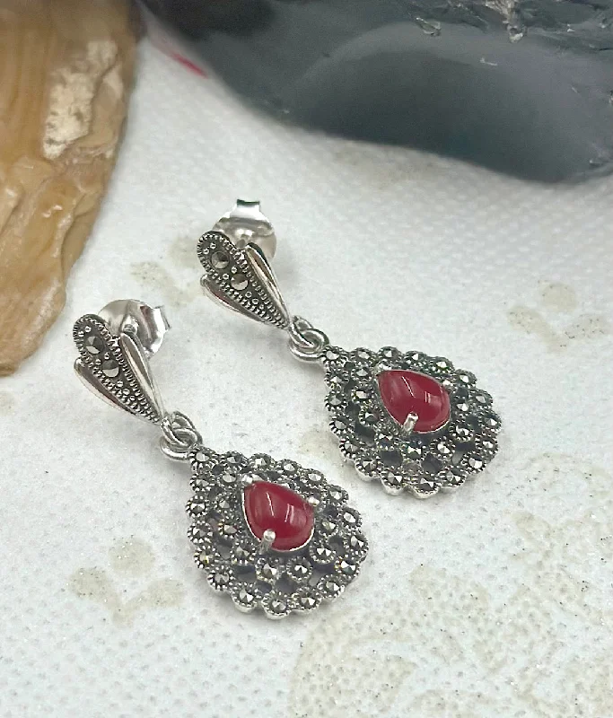 Ladies earrings bold drops -The Silver Marcasite Earrings (Red)