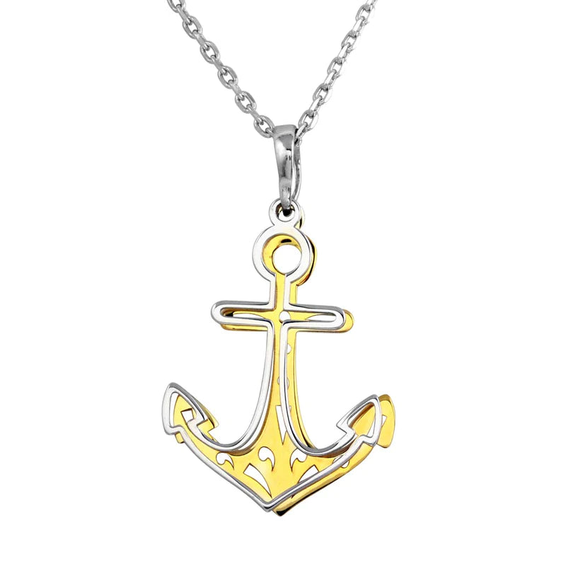 ladies-artisan-rose-gold-necklaces-Silver 925 2 Toned Rhodium and Gold Plated Double Anchor Necklace